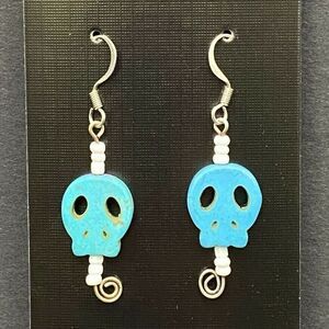 Handmade Blue Skull Earrings & White Glass Bead by Neanie-Bot